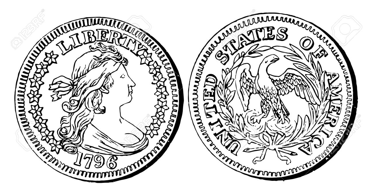 この写真はシルバークォーターコインです。費用はドルの四半期(25セント)、ヴィンテージ線画または彫刻イラストです。のイラスト素材・ベクター Image  132901918