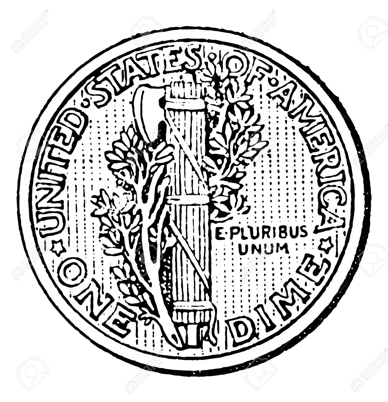머큐리 다임 동전을 보여주는 이미지입니다. 이것은 뒷면을 보여주고 있습니다. 미국과 한 푼도 그 위에 빈티지 선 그림이나 조각 삽화가  쓰여져 있습니다. 로열티 무료 사진, 그림, 이미지 그리고 스톡포토그래피. Image 132901634