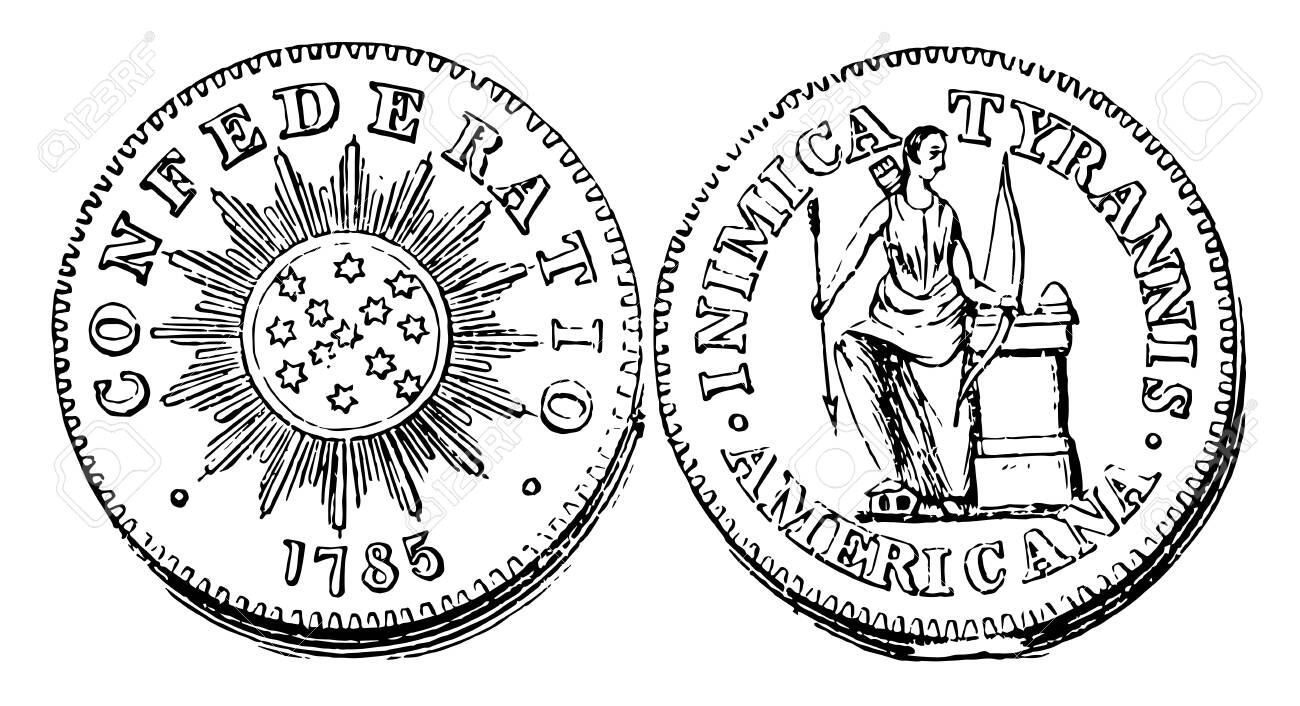 그림은 1785년 구리 센트 주화를 보여주고 있습니다. 앞면에는 동전 중앙에 13개의 별이 있고 CONFEDERATIO, 1785가  새겨져 있습니다. 뒷면은 손에 활과 화살, 빈티지 선 그림 또는 조각 삽화를 들고 있는 남자를 보여줍니다. 로열티