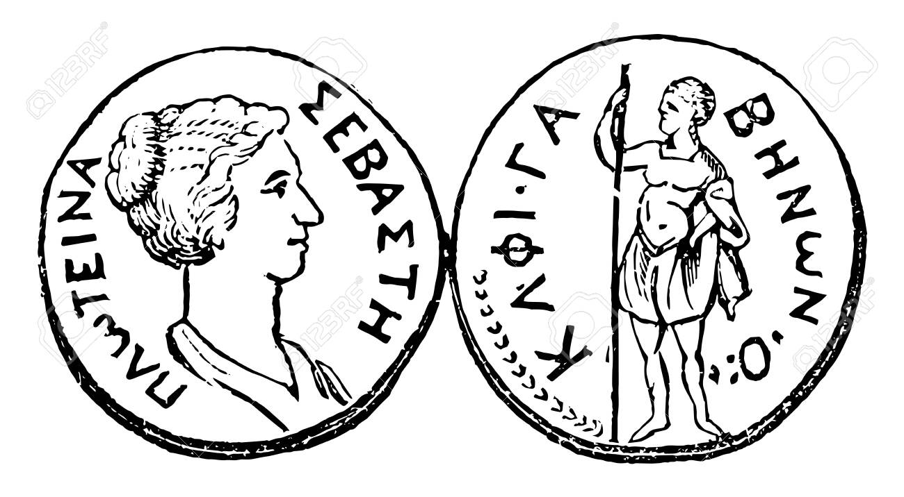 この画像は、コインの表と裏を示しています。これがゲバメダルです。一方の顔は皇后プラウティナの肖像画を示し、もう一方の顔はガベノンデガバ、ヴィンテージの線画または彫刻のイラストを示しています。のイラスト素材・ベクター  Image 133045850