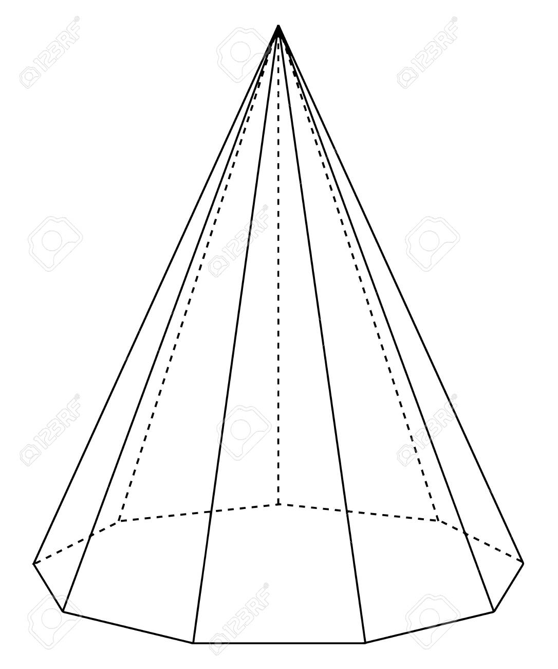 Se Muestra La Imagen De Una Pirámide No Adonal Derecha Con Bordes Ocultos. La Base Es Un Nonágono Y La Cara Es Un Triángulo Isósceles, Dibujo De Línea Vintage O Ilustración De Se Muestra La Imagen De Una Pirámide No Adonal Derecha Con Bordes Ocultos. La Base Es Un Nonágono Y La Cara Es Un Triángulo Isósceles, Dibujo De Línea Vintage O Ilustración De