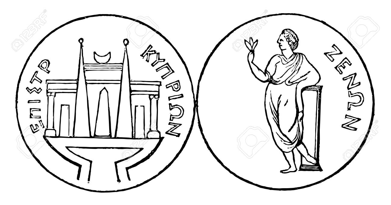 이 이미지는 비너스의 신전을 나타내는 사이프러스 코인을 보여줍니다. 다른 동전의 표면에는 나뭇잎, 빈티지 선 그림 또는 조각 삽화를  들고 서 있는 남자가 있습니다. 로열티 무료 사진, 그림, 이미지 그리고 스톡포토그래피. Image 133181878