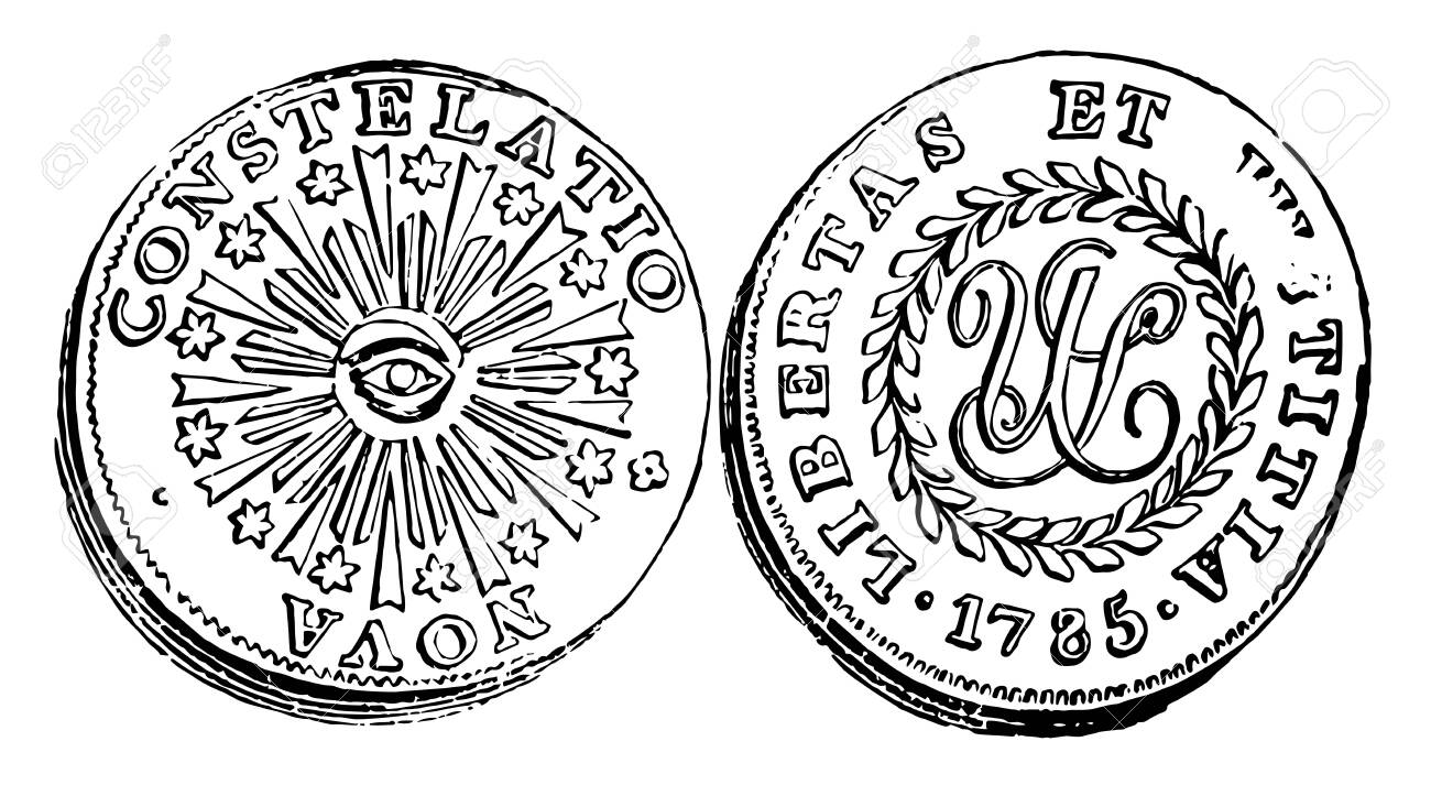 그림은 1785년 구리 센트 동전을 보여주고 있습니다. 앞면은 동전 중앙에 눈을 보여주고 광선과 별을 보여줍니다. 뒷면은 중앙에 있는  두루마리, 빈티지 선 그리기 또는 조각 삽화를 보여줍니다. 로열티 무료 사진, 그림, 이미지 그리고