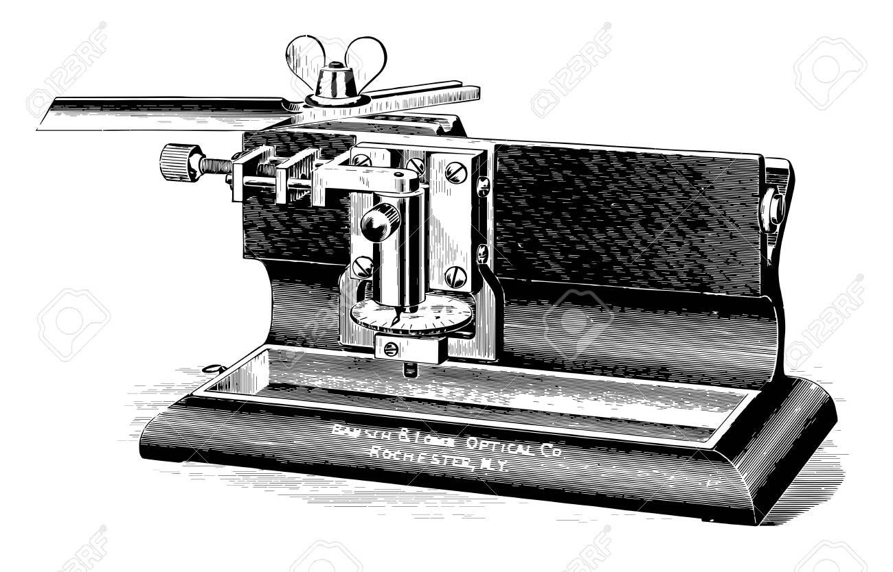 この図は あらゆる種類のセクション ヴィンテージ線の描画または彫刻のイラストを切断するために適応されたスライディングミクロトームを示しています の イラスト素材 ベクタ Image