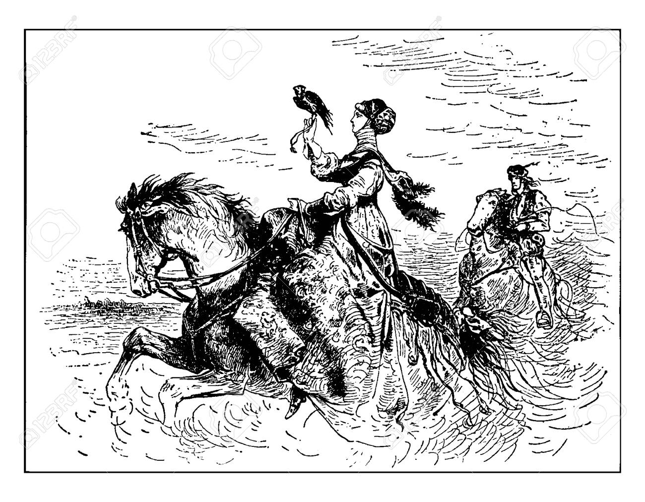 この写真には 高生まれの貴族の女性が ハヤブサを右手に抱えながら種馬に乗っています 彼女は鷹狩りの手袋を着用し 左手に馬の手手 を握り ヴィンテージ線画や彫刻イラストを保持しています のイラスト素材 ベクタ Image この写真には 高生まれの貴族の女性が ハヤブサを右手に抱えながら種馬に乗っています 彼女は鷹狩りの手袋を着用し 左手に馬の手手 を握り ヴィンテージ線画や彫刻イラストを保持しています のイラスト素材 ベクタ Image