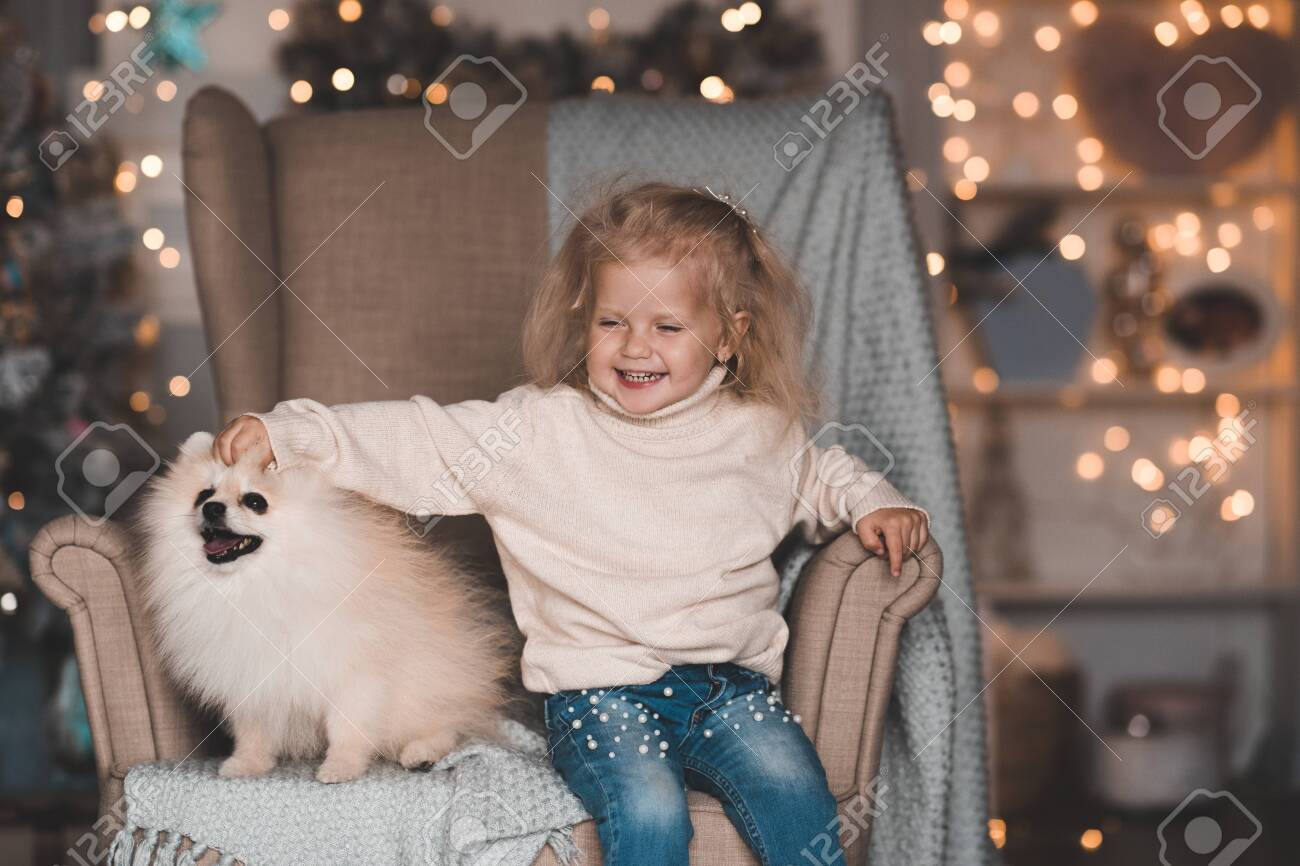 Smiling Baby Girl 3 4 Year Old Wth Spitz Puppy Sitting In Cozy Chair Over Glowing Lights In Room Closeup Winter Holiday Season Xmas の写真素材 画像素材 Image