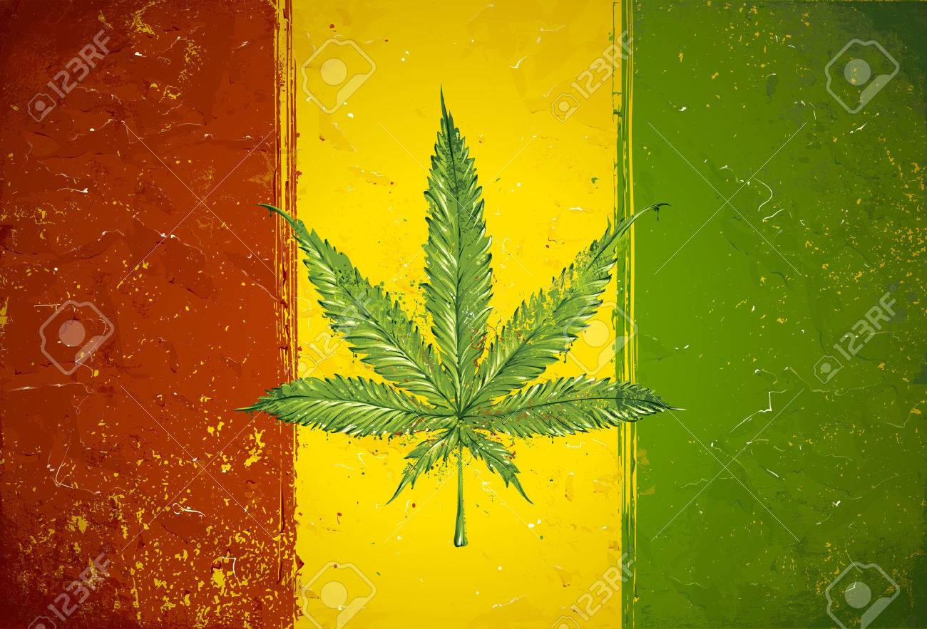 gruge styled hand drawn ganja leaf on rastafari colored flag