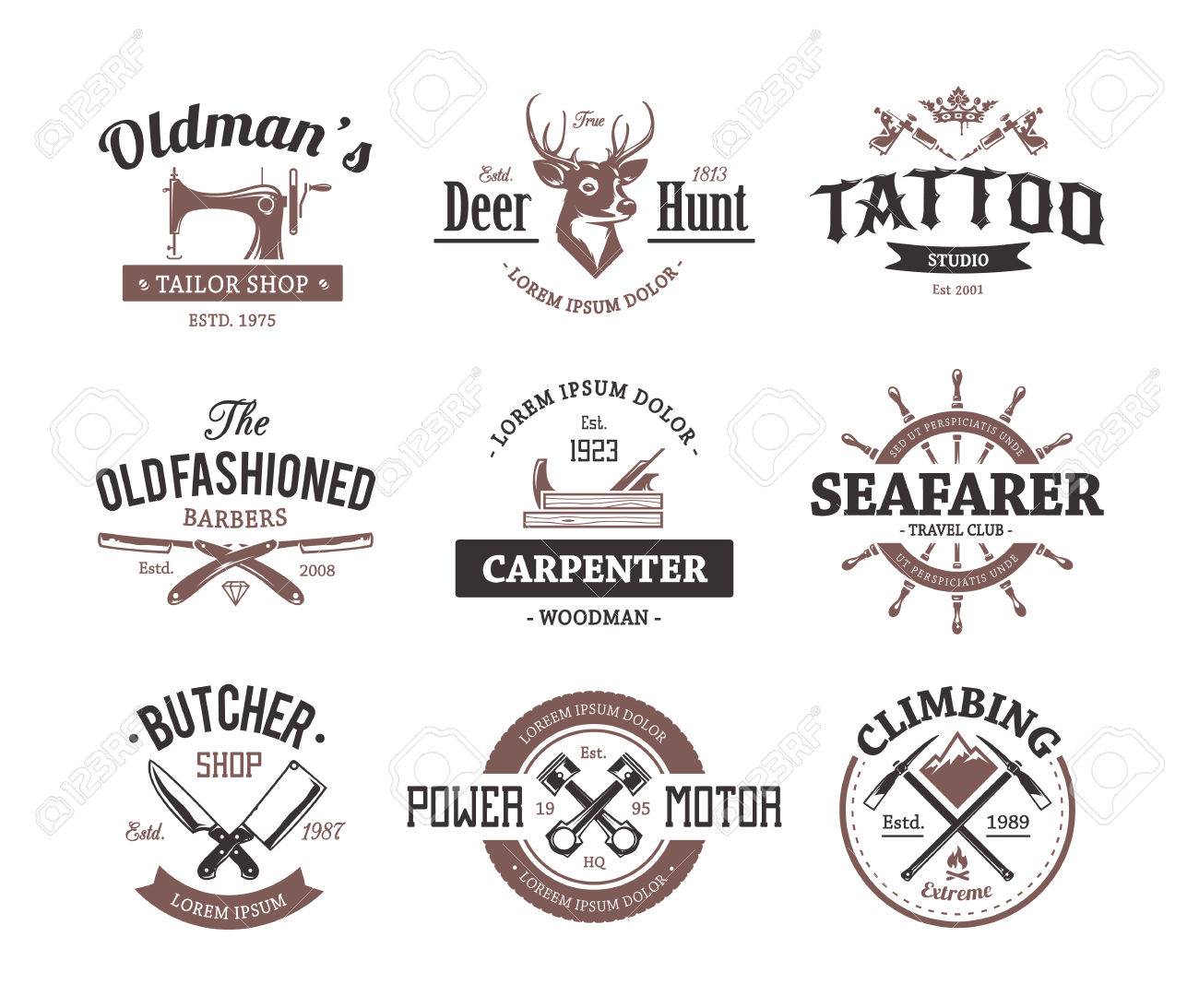 Set of retro styled emblems. Workshop logo templates. Different craft icons. Vector arts. - 45721509 Set of retro styled emblems. Workshop logo templates. Different craft icons. Vector arts. - 45721509