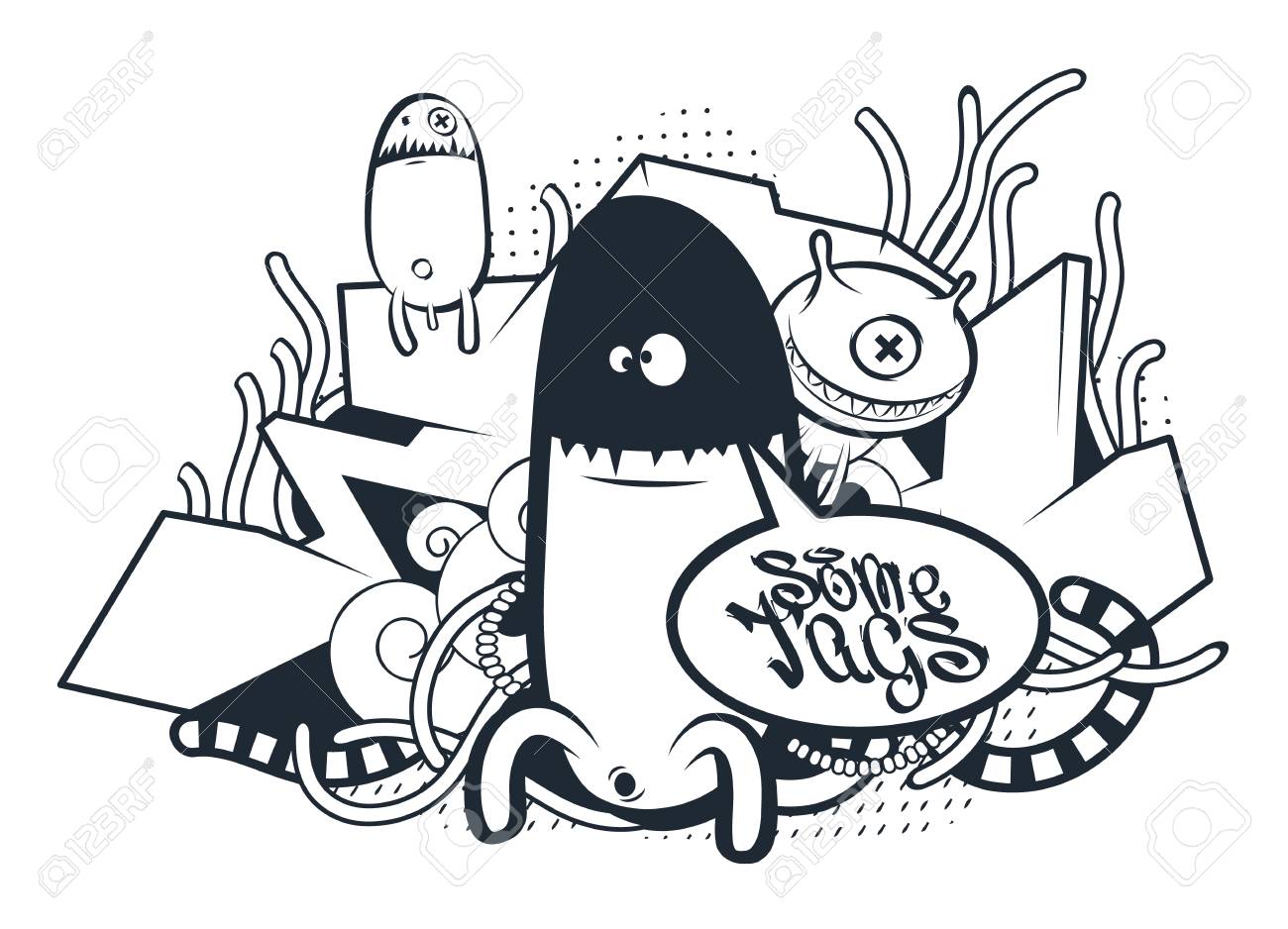 Super Graffiti Doodle Art. Vector Doodle Characters With Speech Bubble HU-06