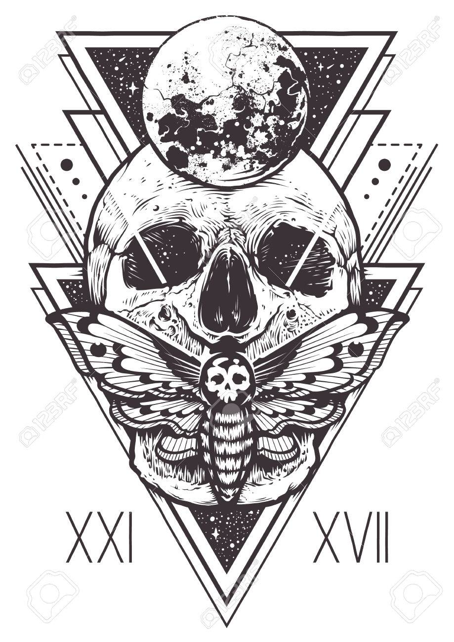 Vector boho design of skull with hawk moth and sacred geometric elements, hipster triangles, mystical symbols. - 81840982 Vector boho design of skull with hawk moth and sacred geometric elements, hipster triangles, mystical symbols. - 81840982