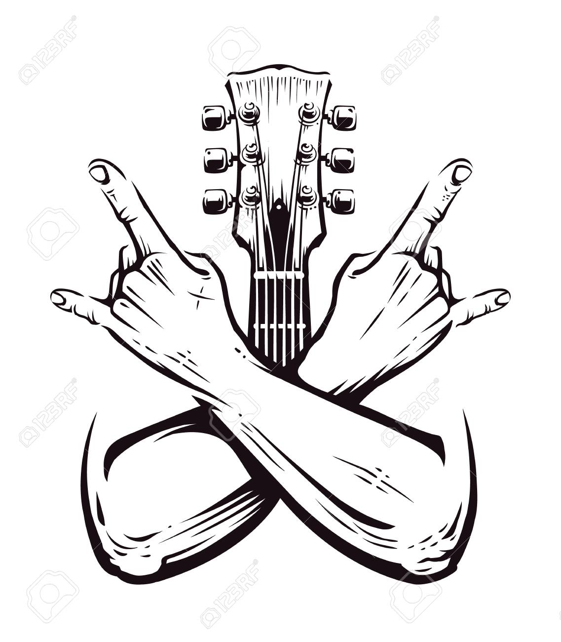 Crossed hands sign rock n roll gesture isolated with guitar neck on white. Punk rock hands sign. Vector illustration. - 102010276 Crossed hands sign rock n roll gesture isolated with guitar neck on white. Punk rock hands sign. Vector illustration. - 102010276