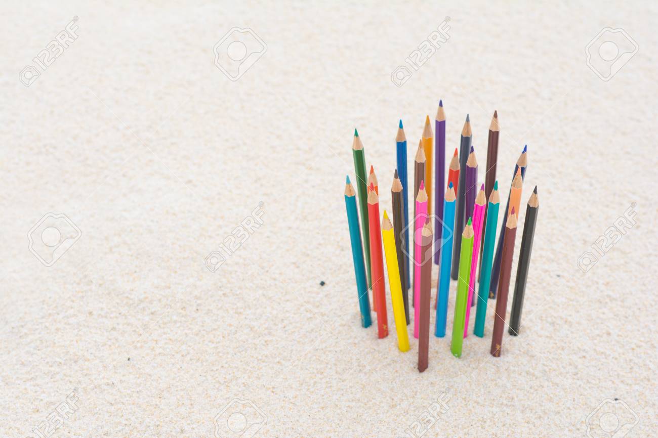 crayon wood color on the beach stationery stock photo picture and