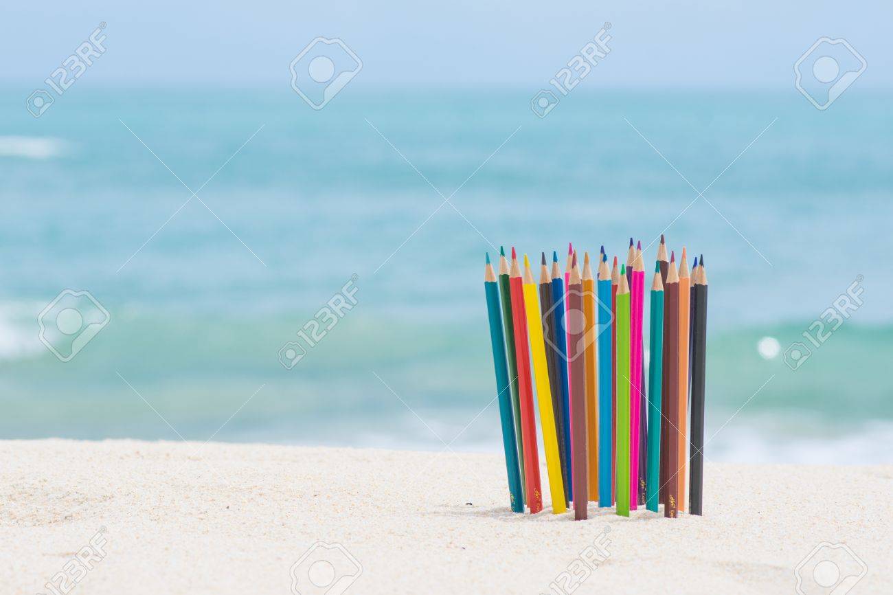 crayon wood color on the beach stationery stock photo picture and
