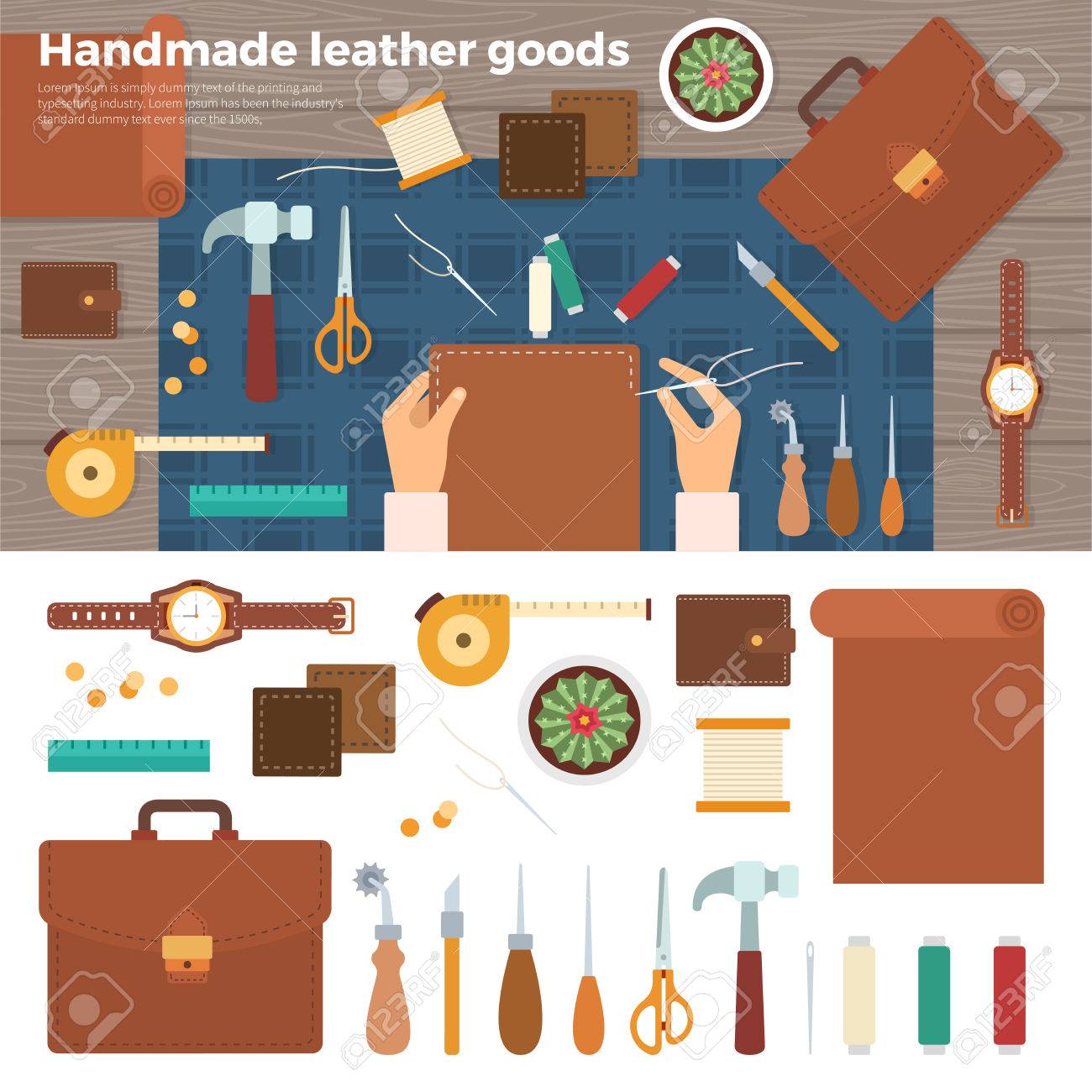 Workplace for leather goods. Table with tools and working furrier hands mit nadel. Top view. For website construction, mobile applications, banners, corporate brochures, book covers, layouts - 56712328 Workplace for leather goods. Table with tools and working furrier hands mit nadel. Top view. For website construction, mobile applications, banners, corporate brochures, book covers, layouts - 56712328