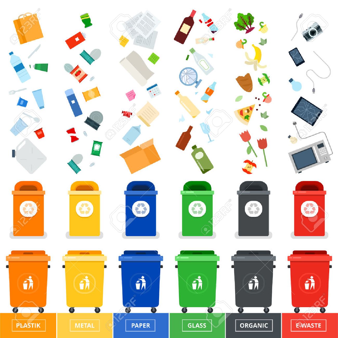 Garbage cans flat illustrations. Many garbage cans with sorted garbage. Sorting garbage. Ecology and recycle concept. Trash cans isolated on white background - 56713544 Garbage cans flat illustrations. Many garbage cans with sorted garbage. Sorting garbage. Ecology and recycle concept. Trash cans isolated on white background - 56713544