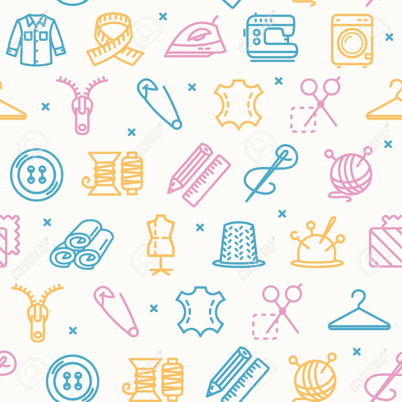 ウェブデザインのための白い要素の縫製と針仕事ツールパターンの背景は 楽器の趣味が含まれています ベクトルイラスト のイラスト素材 ベクタ Image