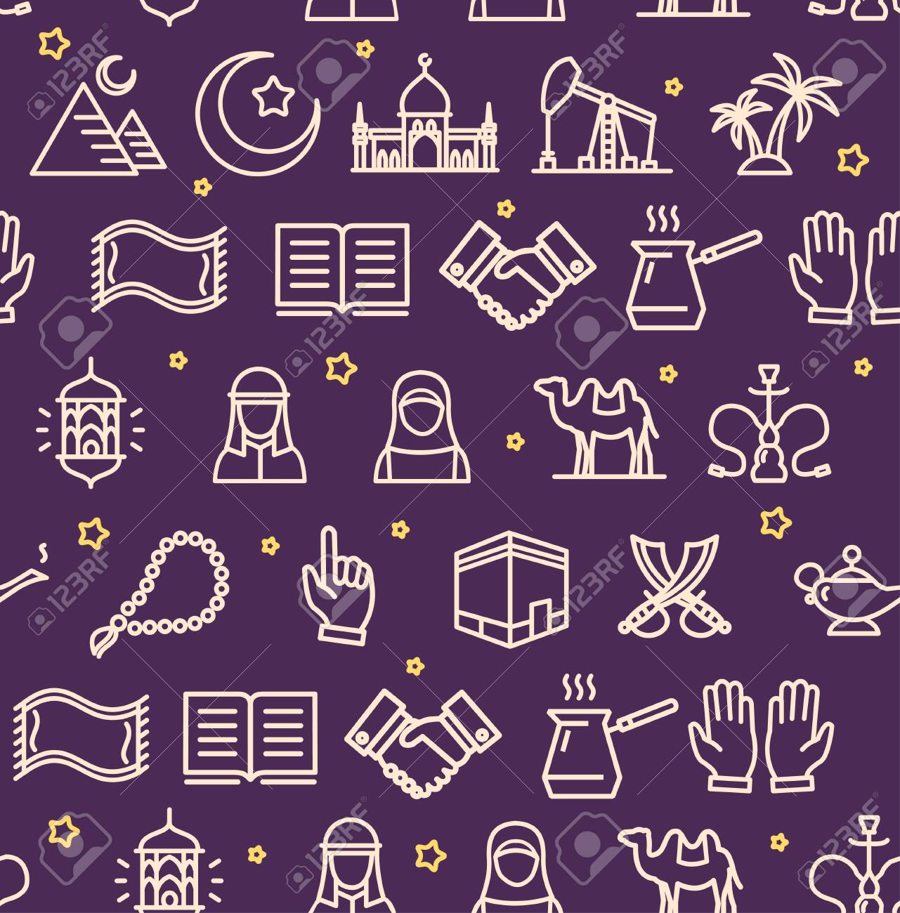 Arab Islamic Signs Seamless Pattern Background On A Purple Vector Royalty Free Cliparts Vectors And Stock Illustration Image 146288788