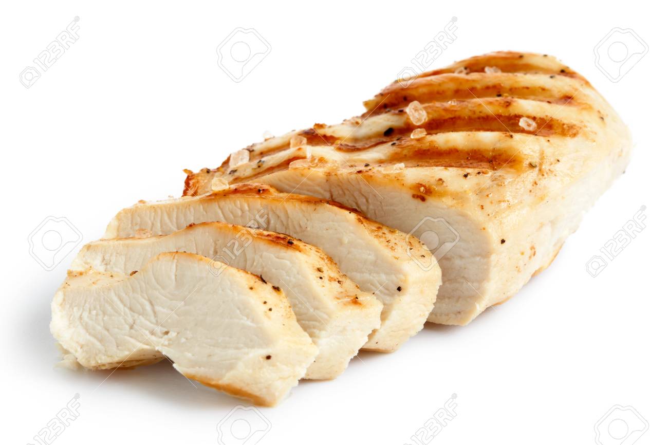 Partially sliced grilled chicken with black pepper and rock salt isolated on white. - 66398576 Partially sliced grilled chicken with black pepper and rock salt isolated on white. - 66398576