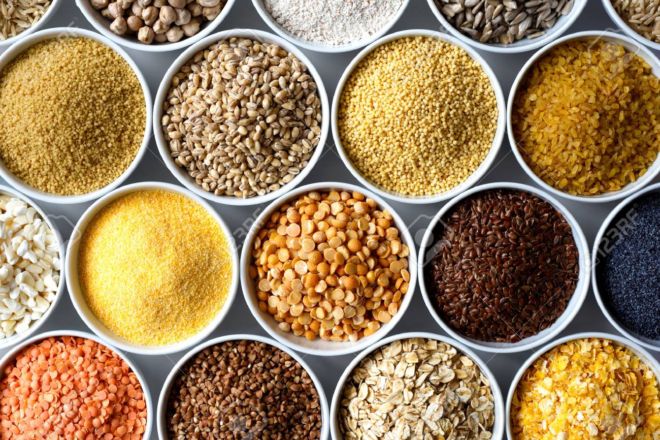 Background of many grains and pulses in white ceramic dishes from above. - 71879764 Background of many grains and pulses in white ceramic dishes from above. - 71879764