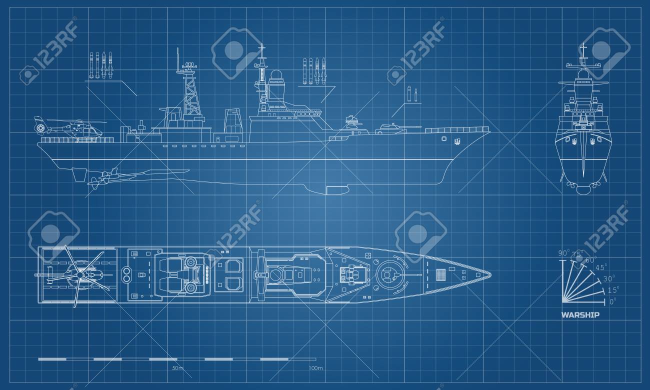 Blueprint Of Military Ship. Top, Front And Side View. Battleship Model.  Industrial Drawing. Warship In Outline Style. Vector Illustration Royalty  Free SVG, Cliparts, Vectors, And Stock Illustration. Image 87693167.