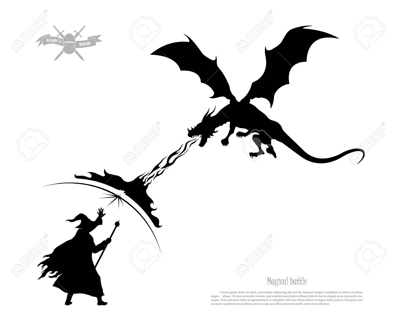 白い背景の上のドラゴンとウィザードの戦いの黒いシルエットは モンスターは 魔術師に火を呼吸します ファンタジー魔法戦いの分離のイメージ ベクトル図のイラスト素材 ベクタ Image
