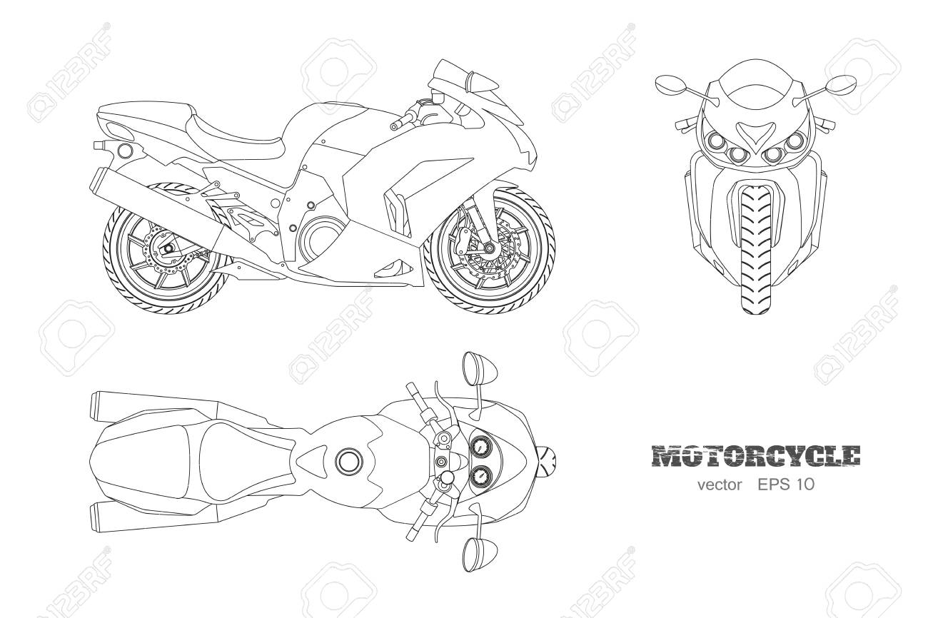 オートバイの輪郭図 側面 上および正面図 白い背景にバイクの詳細な隔離された青写真のイラスト素材 ベクタ Image