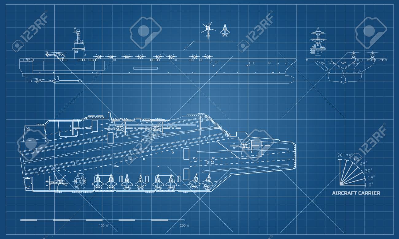 Blueprint Of Aircraft Carrier. Military Ship. Top, Front And Side View.  Battleship Model. Industrial Drawing. Warship In Outline Style Royalty Free  SVG, Cliparts, Vectors, And Stock Illustration. Image 100848406.