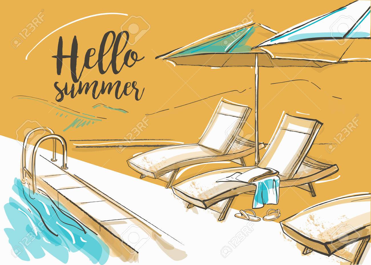 Swimming Pool Of Luxury Hotel With Umbrellas And Chairs Summer Day Stock Vector Swimming Pool Of Luxury Hotel With Umbrellas And Chairs Summer Day Stock Vector