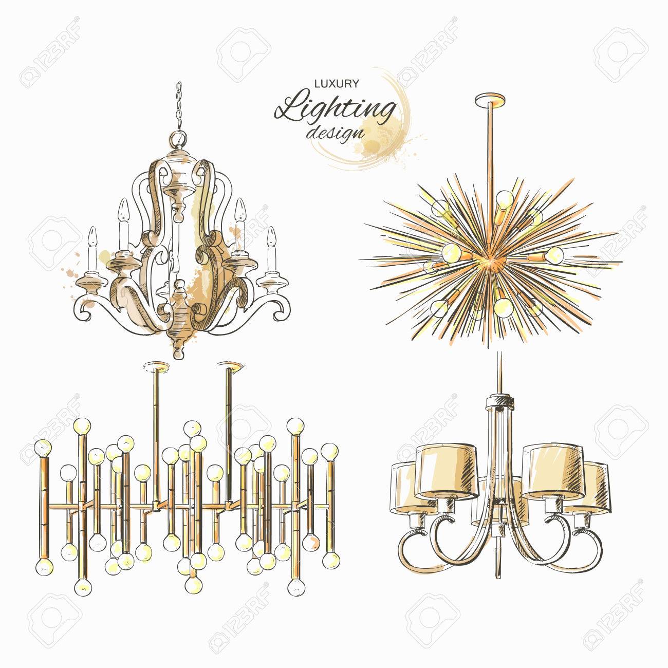 Set Of Lighting Decor Vintage Chandelier Modern Golden Lamp Vector ... Set Of Lighting Decor Vintage Chandelier Modern Golden Lamp Vector ...