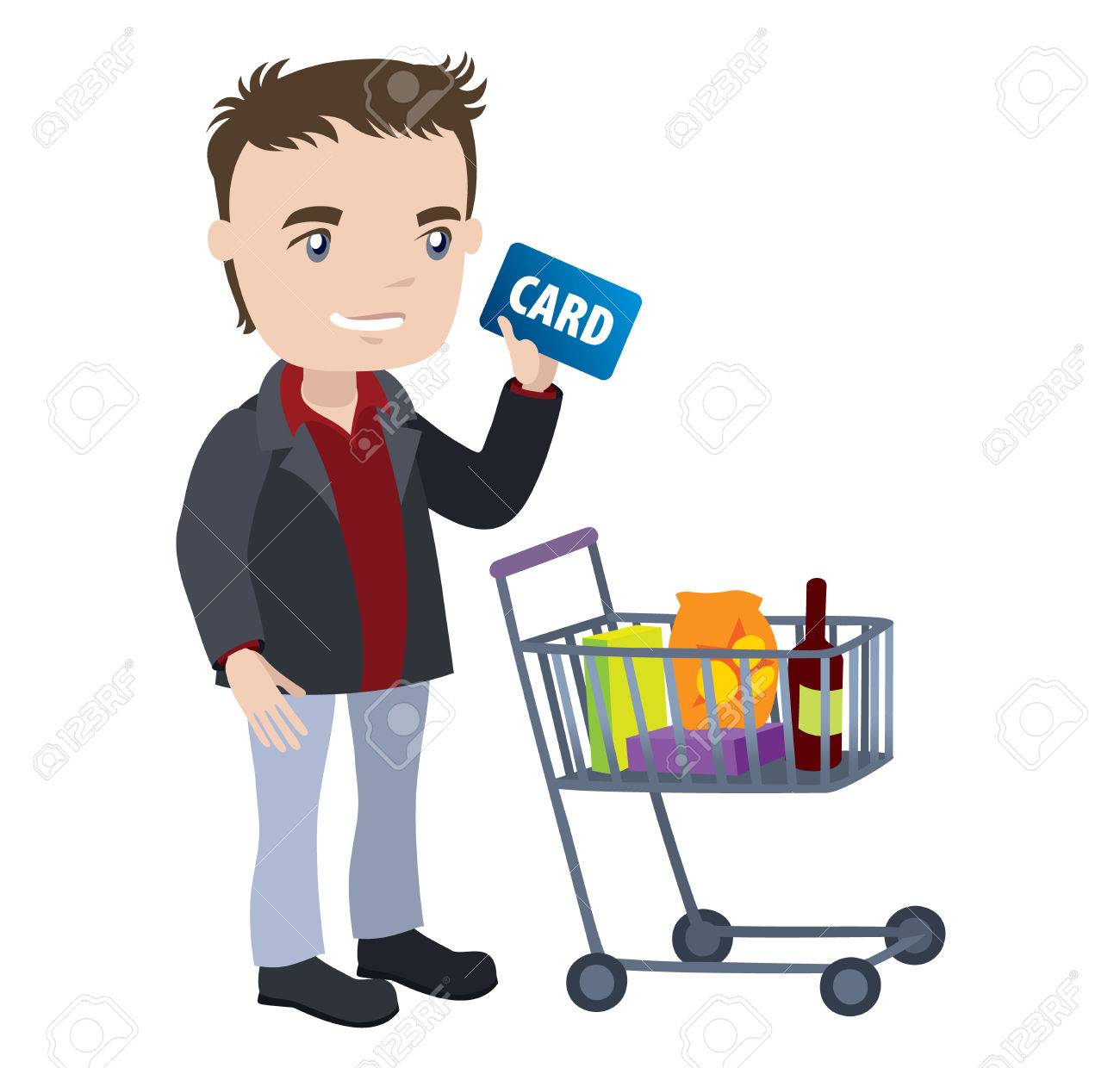 man with a shopping cart and credit card businessman cartoon