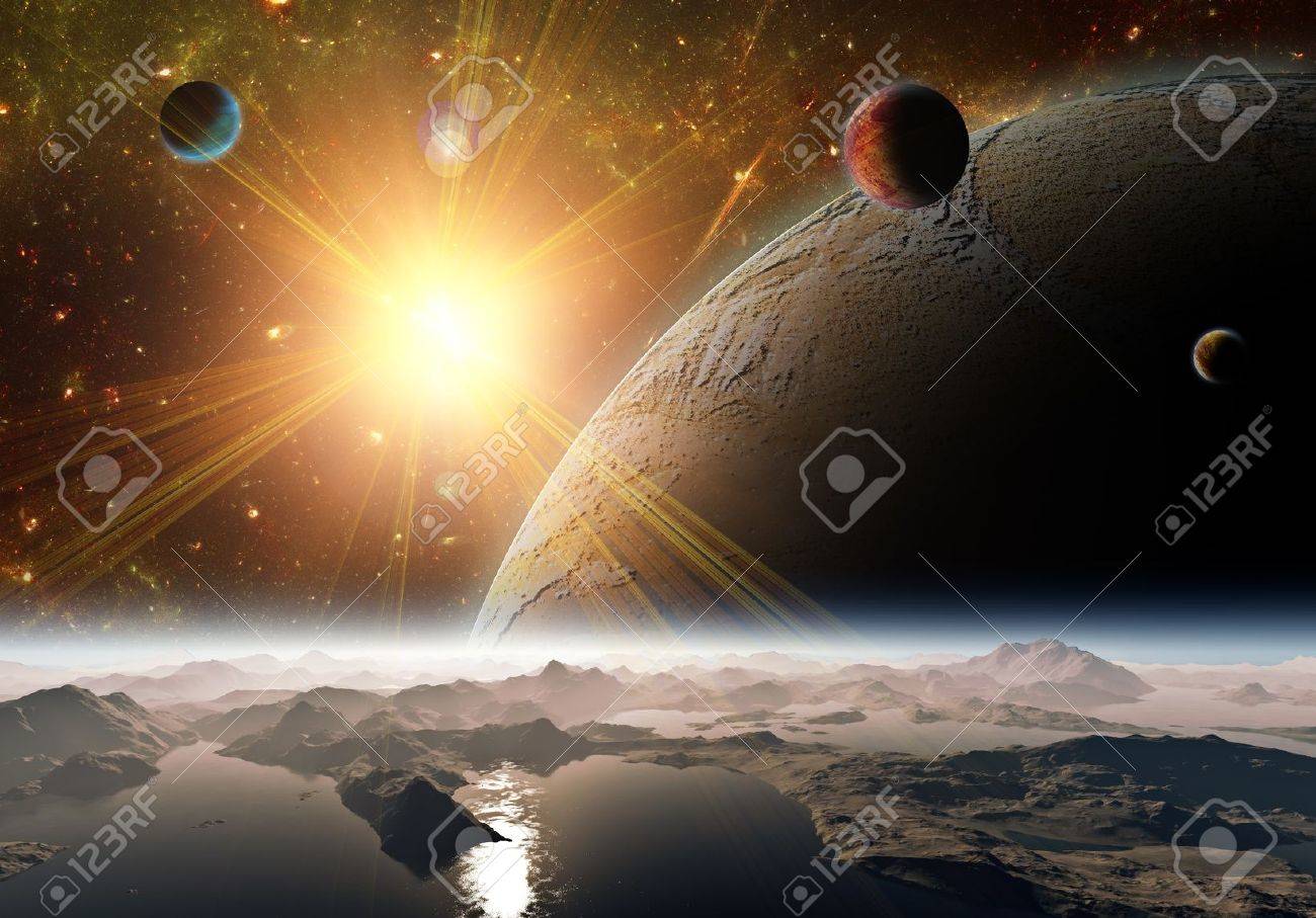 惑星 月そして地球の表面から宇宙の眺め 遠い地域の抽象的なイラスト の写真素材 画像素材 Image