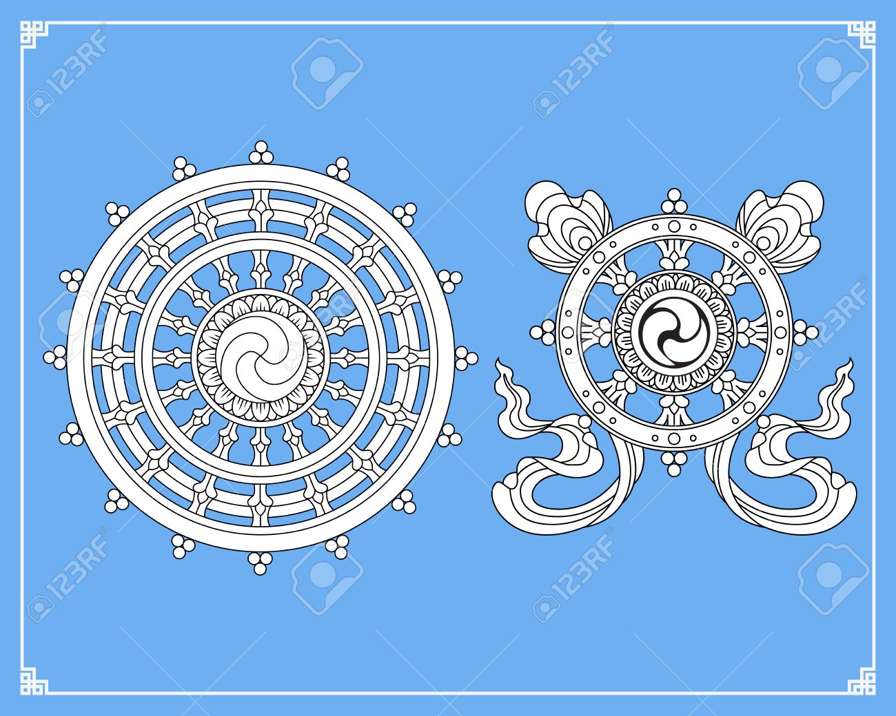 Dharma Wheel, Dharmachakra Icons. Wheel Of Dharma In Black And White  Design. Buddhism Symbols. Symbol Of Buddha's Teachings On The Path To  Enlightenment, Liberation From The Karmic Rebirth In Samsara. Royalty Free, image size:1300x1040