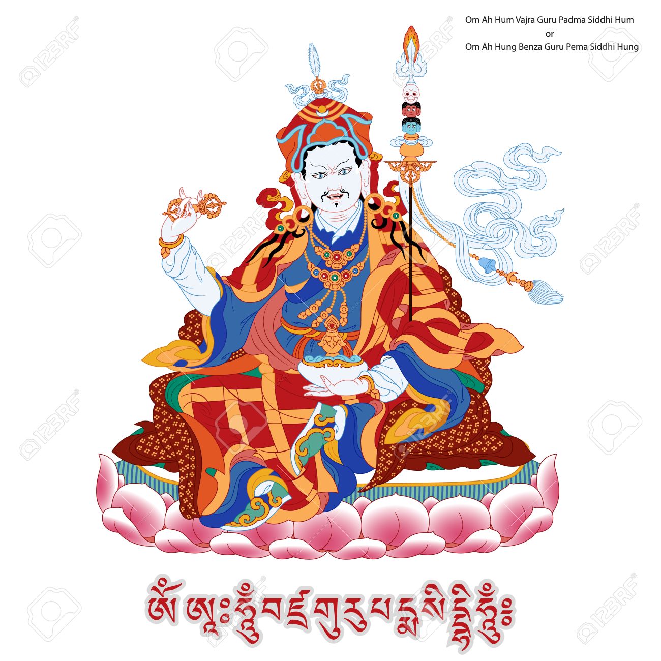 パドマサンバヴァとマントラのベクトル図です グルリンポチェ ロータス誕生 それは 阿弥陀仏の発散です チベット仏教のシンボルです 仏 カラー デザイン のイラスト素材 ベクタ Image