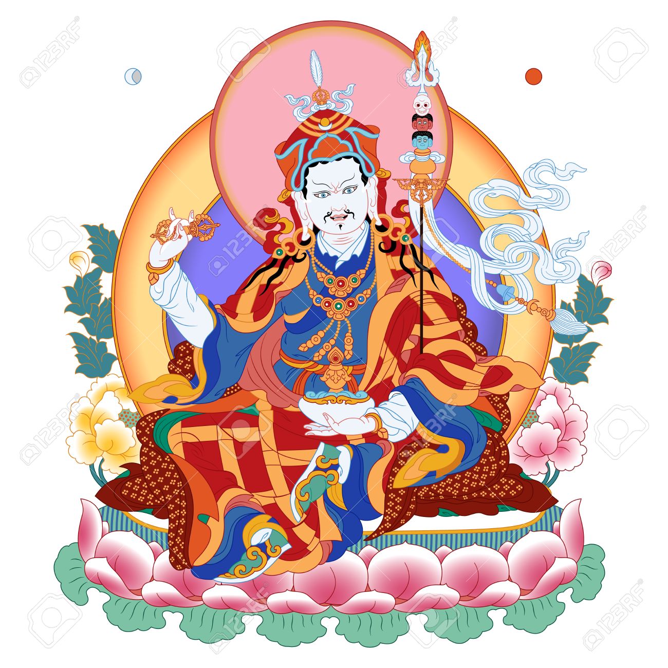 グル パドマサンバヴァのベクトル図です Lotus 生まれ 達人リンポチェは インド仏教のマスターだった それは 阿弥陀仏の発散です チベット仏教のシンボルです 仏 カラー デザイン のイラスト素材 ベクタ Image