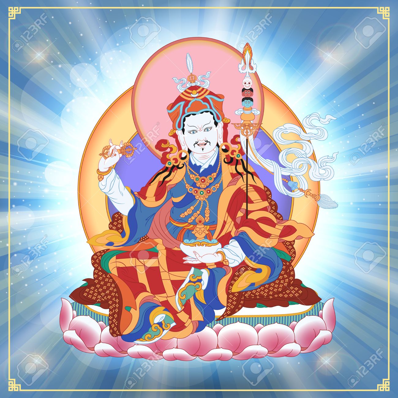 グル パドマサンバヴァのベクトル図です Lotus 生まれ 達人リンポチェは インド仏教のマスターだった それは 阿弥陀仏の発散です チベット仏教のシンボルです 仏 のイラスト素材 ベクタ Image
