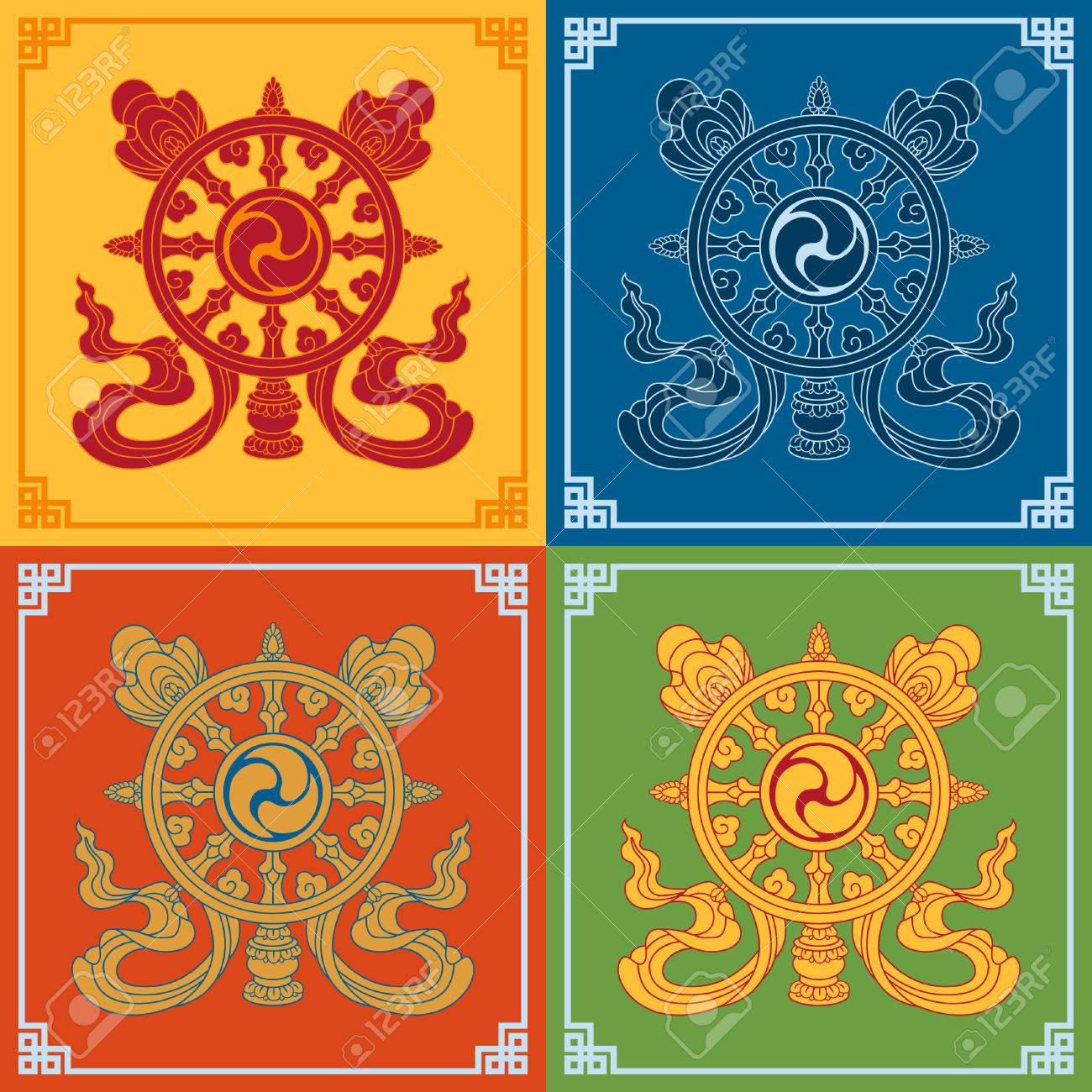 Color Dharma Wheel Dharmachakra Icons. Symbols Wisdom & Enlightenment.  Nepal, Tibet. Buddhism Symbols. Vector Illustration. Royalty Free SVG,  Cliparts, Vectors, and Stock Illustration. Image 69126781.