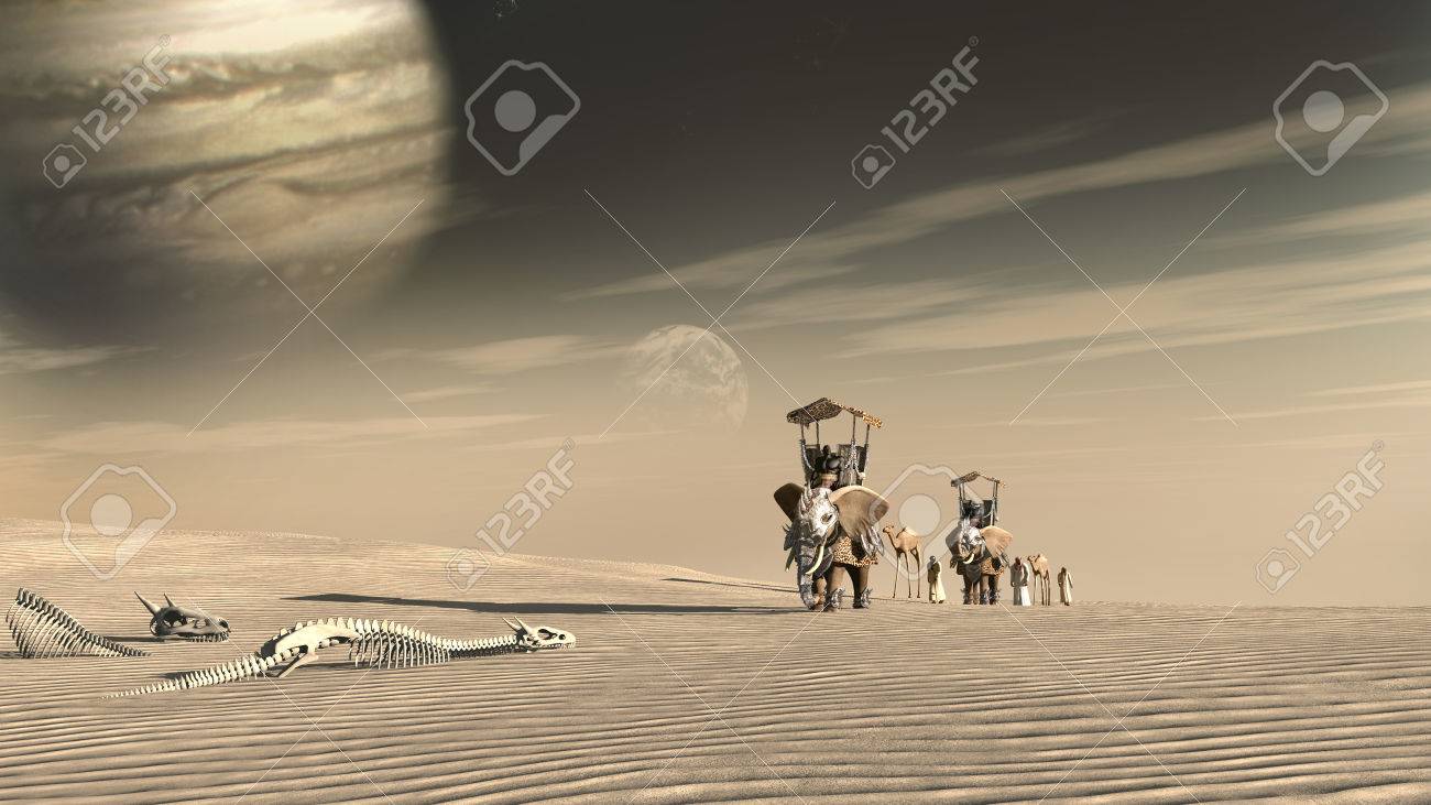 ドラゴンの骨とラクダや象のキャラバン砂漠風景 の写真素材 画像素材 Image