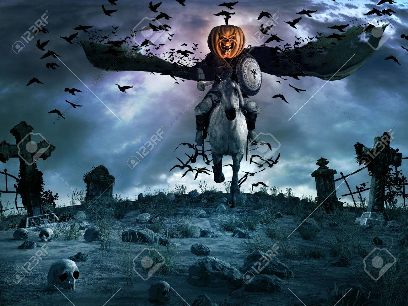 Nachtszene Mit Gruseligen Ritter Mit Kurbiskopf Grabsteine Und Schadel Lizenzfreie Fotos Bilder Und Stock Fotografie Image 62123609