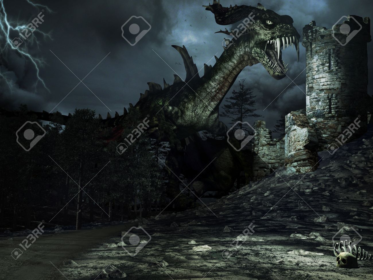 森 ドラゴン 台無しにされたタワーの夜の風景 の写真素材 画像素材 Image