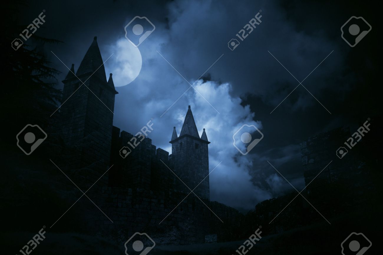 Mysterious medieval castle in a misty full moon. Added some digital noise. - 29582531 Mysterious medieval castle in a misty full moon. Added some digital noise. - 29582531