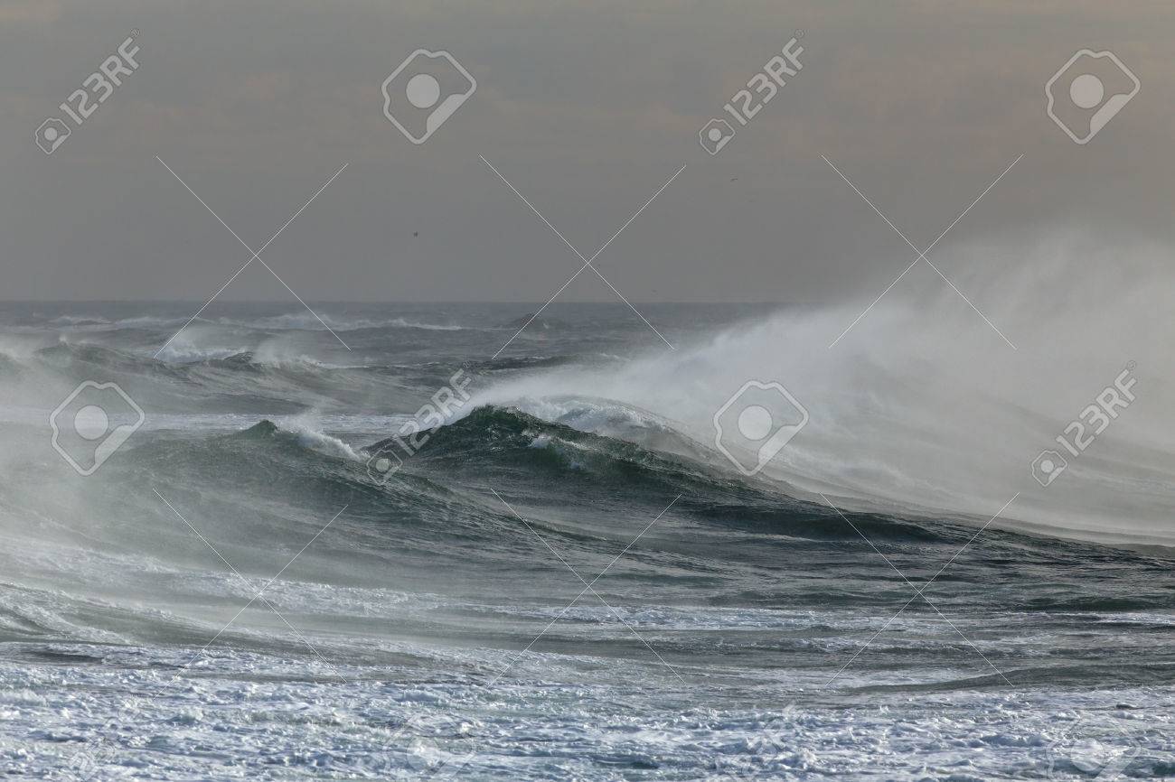 Ocean windy waves spraying. Portuguese coast in Autumn. - 49108073 Ocean windy waves spraying. Portuguese coast in Autumn. - 49108073