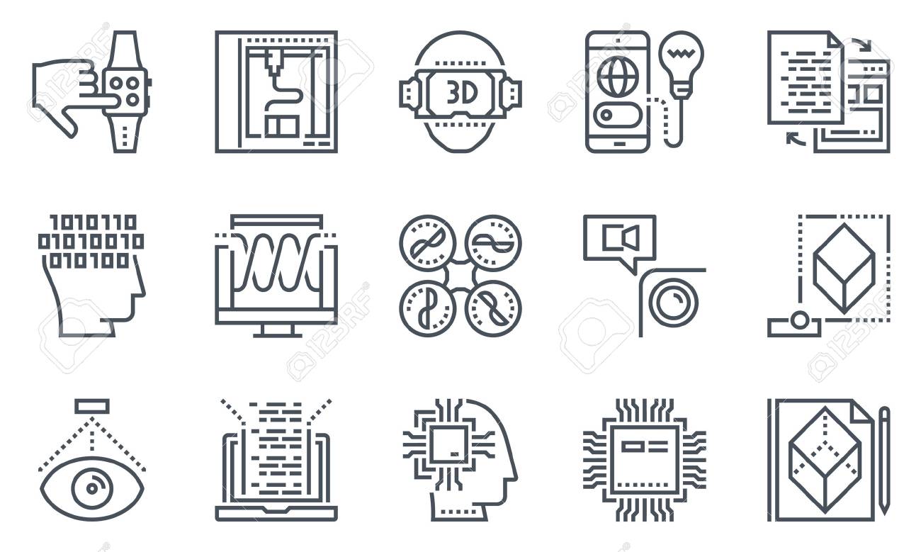 Technology icon set suitable for info graphics, websites and print media. Black and white flat line icons. - 55906992 Technology icon set suitable for info graphics, websites and print media. Black and white flat line icons. - 55906992