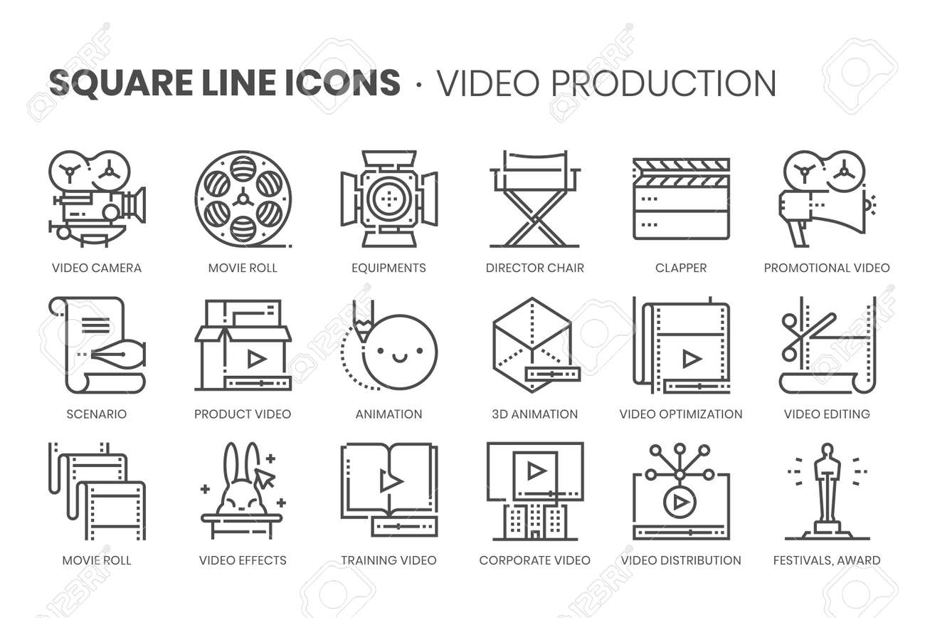 Video production, square line icon set. The illustrations are a vector, editable stroke, thirty-two by thirty-two matrix grid, pixel perfect files. - 164350806 Video production, square line icon set. The illustrations are a vector, editable stroke, thirty-two by thirty-two matrix grid, pixel perfect files. - 164350806
