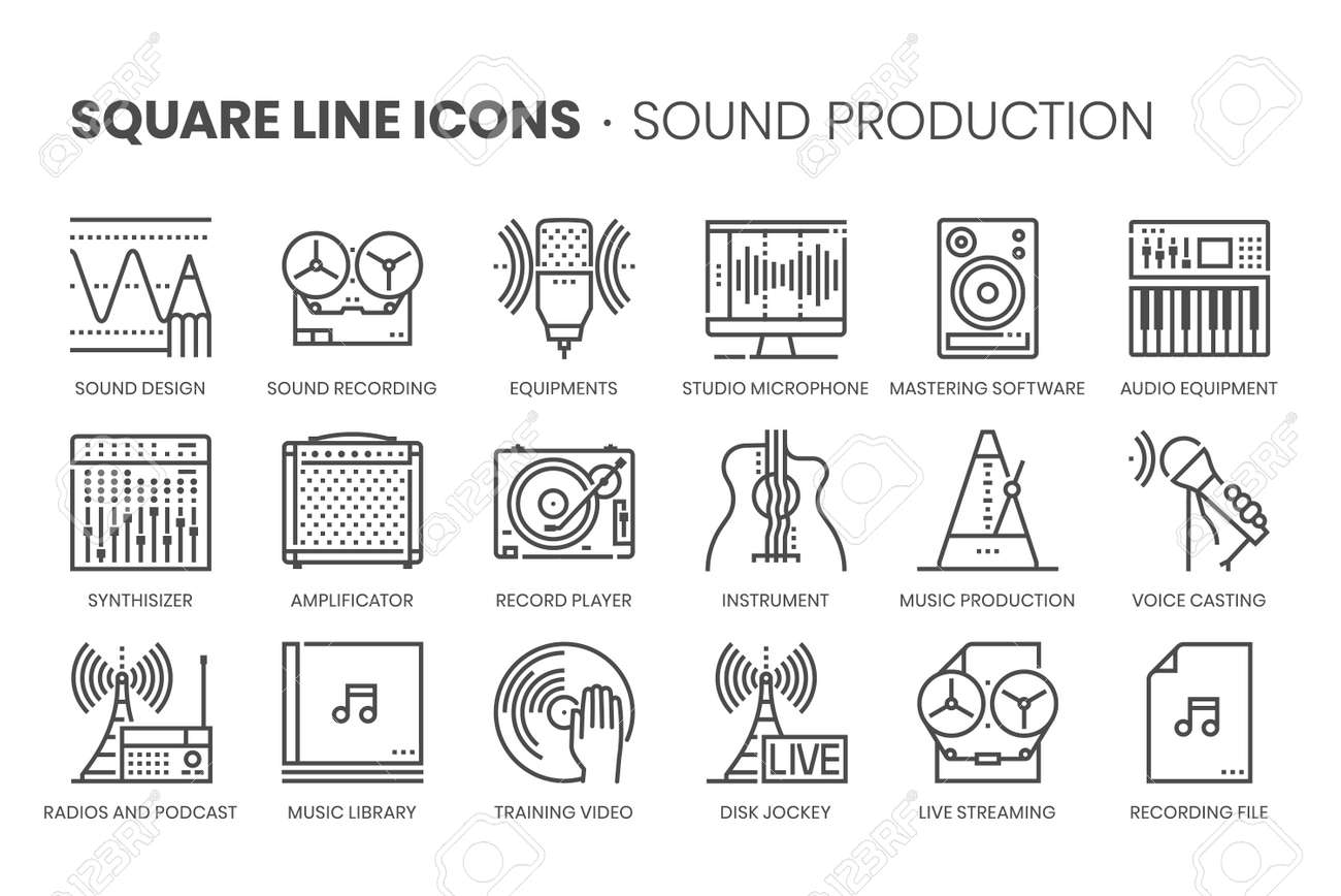 Music production, square line icon set. The illustrations are a vector, editable stroke, thirty-two by thirty-two matrix grid, pixel perfect files. - 164350485 Music production, square line icon set. The illustrations are a vector, editable stroke, thirty-two by thirty-two matrix grid, pixel perfect files. - 164350485