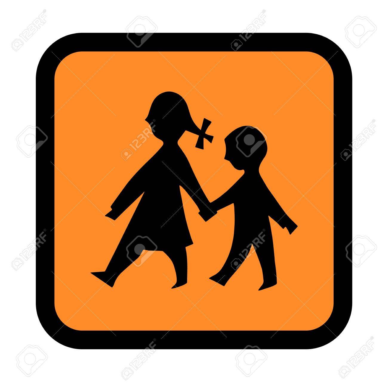 警告のサインに手を繋いでいる子供のシルエットのイラスト素材 ベクタ Image