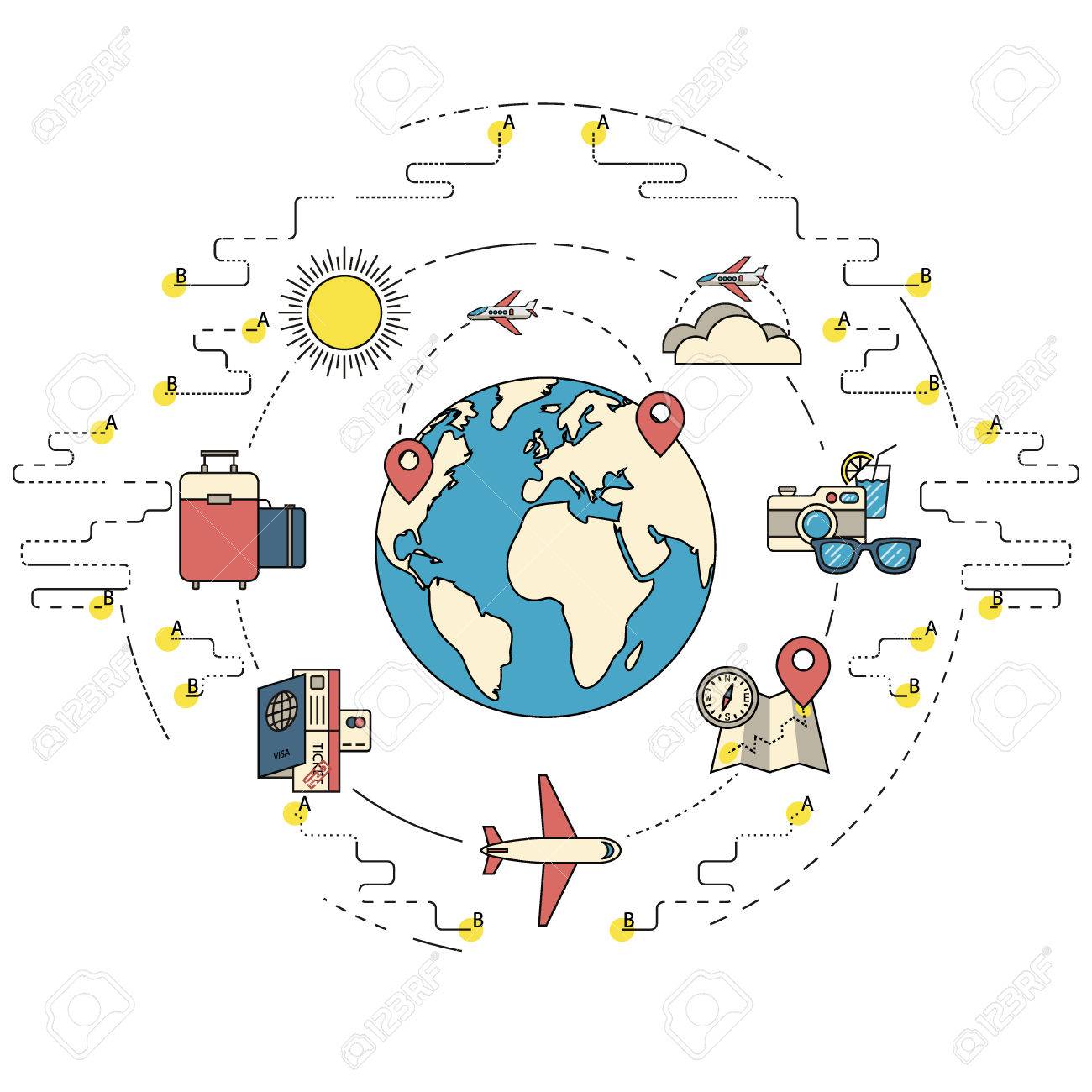 Traveling Around The World. Vacation Or Holidays. Planing Trip Road.  Tourism Set. Journey Planing. Travelling Illustration. Flat, Thin Line  Design. Royalty Free SVG, Cliparts, Vectors, and Stock Illustration. Image  56575166., image size:1300x1300