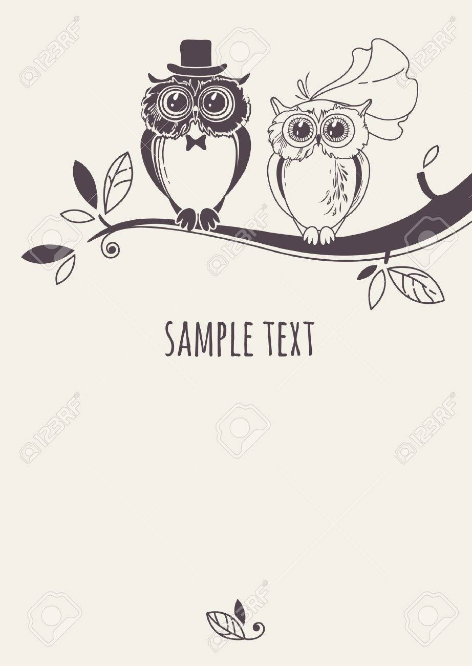 template card with a couple of owls on a tree branch greeting card wedding
