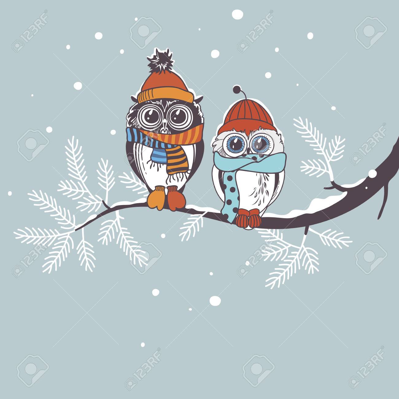 Carte De Modele Avec Les Hiboux Sur Une Branche Carte De Voeux Pour Les Vacances D Hiver Dessin Couples De Hibou Clip Art Libres De Droits Vecteurs Et Illustration Image