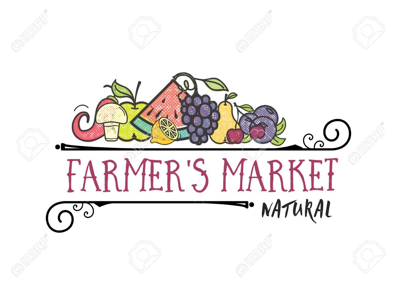 Fruits and vegetables, vegetarian banner Farmers market, isolated color vector icons. - 101919171 Fruits and vegetables, vegetarian banner Farmers market, isolated color vector icons. - 101919171
