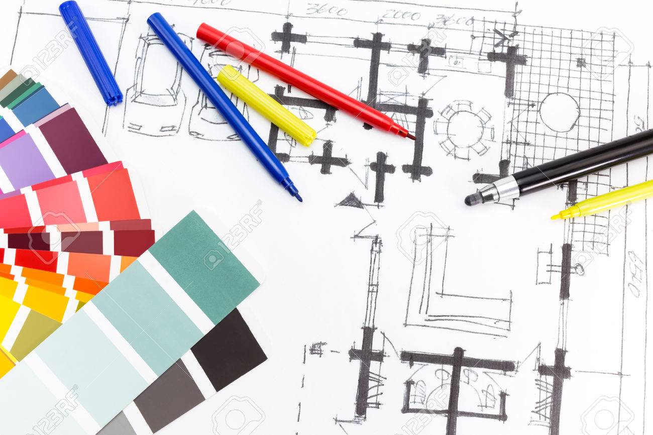 House plan drawing colour palette for design and painting stock photo 27345714